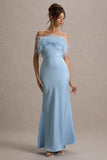 Dress For It Powder Blue Satin Feather Trim Bandeau Maxi Dress