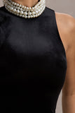 Audrine Black Velvet Embellished High-Neck Maxi Dress