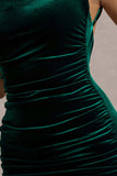 Adele Bottle Green Velvet Ruched Strappy Fishtail Maxi Dress
