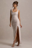 Analissa Champagne Asymmetric Draped Maxi Dress With Split