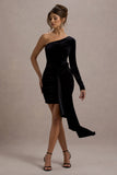 Saint Moritz Black Velvet One Sleeve Mini Dress With Flower Drape