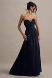 Desirie Navy Satin Sweetheart Gathered Maxi Dress