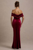 Merelyn Berry Velvet Bow Bardot Split Maxi Dress