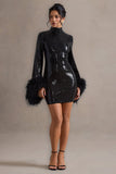 Cupid Black Sequin High-Neck Mini Dress With Feather Cuffs