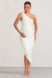 Late Night White Maternity Ruched One Shoulder Midi Dress