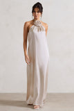 Everleigh Cream Satin Relaxed Fit Maxi Column Dress With Corsage