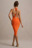 Anaisa Orange Plunge Halter-Neck Midi Dress