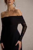 Missy Black Bardot Long-Sleeve Midi Dress