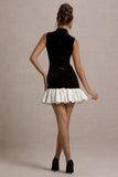 Baxter Black & White Velvet Mini Dress With Satin Ruffle Trim