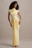 Lorenza Lemon High-Neck Ruched Maxi Dress With Draped Skirt