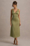Beck Light Green Satin Plunge-Neck Cross-Back Midi Dress