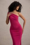 Alethea Hot Pink Asymmetric Bardot Maxi Dress