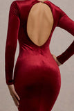 Keaton Berry Velvet Long-Sleeve Open-Back Maxi Dress