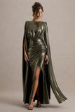 Theia Gold Metallic Cape-Sleeve Split Maxi Dress