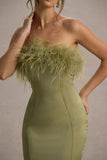 One And Only Light Green Satin Feather Trim Bandeau Midi Dress