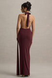 Rosina Burgundy Halter-Neck Draped Maxi Dress With Sash