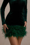 Tamsin Bottle Green Velvet Long-Sleeved Feather Mini Dress