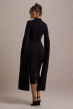 Linden Black Bodycon Cape-Sleeve Midi Dress