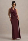 Rosina Burgundy Halter-Neck Draped Maxi Dress With Sash
