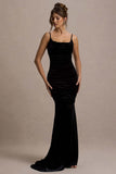 Adele Black Velvet Ruched Strappy Fishtail Maxi Dress