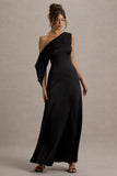 Nicola Black Satin Asymmetric Bardot Draped Maxi Dress