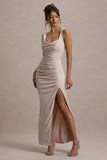 Analissa Champagne Asymmetric Draped Maxi Dress With Split