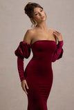 Neoma Berry Velvet Bardot Puff-Sleeve Maxi Dress