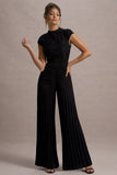 Tanner Black Cap-Sleeve Plisse Wide-Leg Jumpsuit