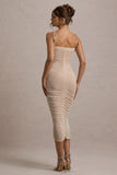 Jesi Cream Mesh Ruched Midi Dress With Ruffles