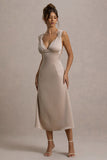 Beck Champagne Satin Plunge-Neck Cross-Back Midi Dress