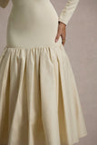 Perpetua Cream Drop-Waist Midi Dress With Volume Skirt