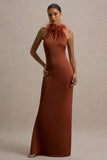 Bianca Rust Satin Feather-Trim Maxi Dress