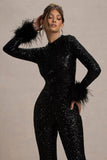 Asteroid Black Sequin Long-Sleeve Jumpsuit With Feather Cuffs