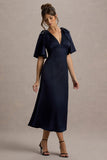 Danna Navy Satin V-Neck Short-Sleeve Midi Dress