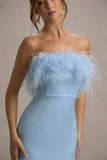 Dress For It Powder Blue Satin Feather Trim Bandeau Maxi Dress