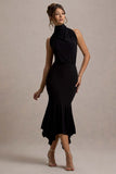 Prianyka Black High-Neck Draped Midi Dress