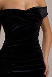 Apolline Black Velvet Off The Shoulder Ruched Fishtail Maxi Dress
