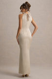 Bianca Champagne Satin Feather-Trim Maxi Dress