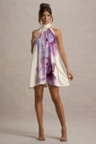 Maisie Pink Floral Print High-Neck A-Line Mini Dress With Bow