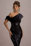 Volute Black Sequin One-Shoulder Draped Midi Dress