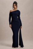 Valina Navy Ruched Asymmetric Maxi Dress With Drape
