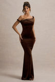 Neeka Brown Velvet Twisted Asymmetric Maxi Dress