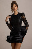 Myka Black Sequin Long-Sleeve Ruffle Hem Mini Dress