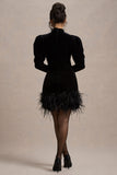 Issa Black Velvet Long-Sleeve Mini Dress With Feather Trim