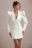 Landon Off-White Tailored Blazer Mini Dress With Puff Sleeves