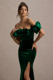 Esmeralda Bottle Green Velvet Structured Ruffled Bardot Maxi Dress