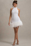 Lumi White Sequin High-Neck Feather Trim Mini Dress