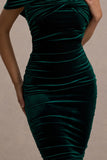 Gratitude Bottle Green Velvet Off The Shoulder Ruched Midi Dress