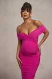 Unwrapped Dark Pink Ruched Twist Bardot Maternity Midi Dress
