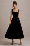 Francisca Black Velvet Strappy Volume-Hem Midi Dress